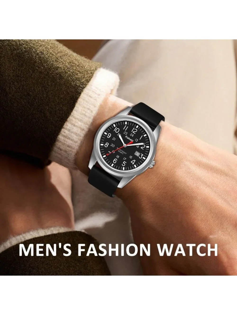 Mens Black Silver Comfortable Silicone Strap Unisex Military Analog Casual Watch